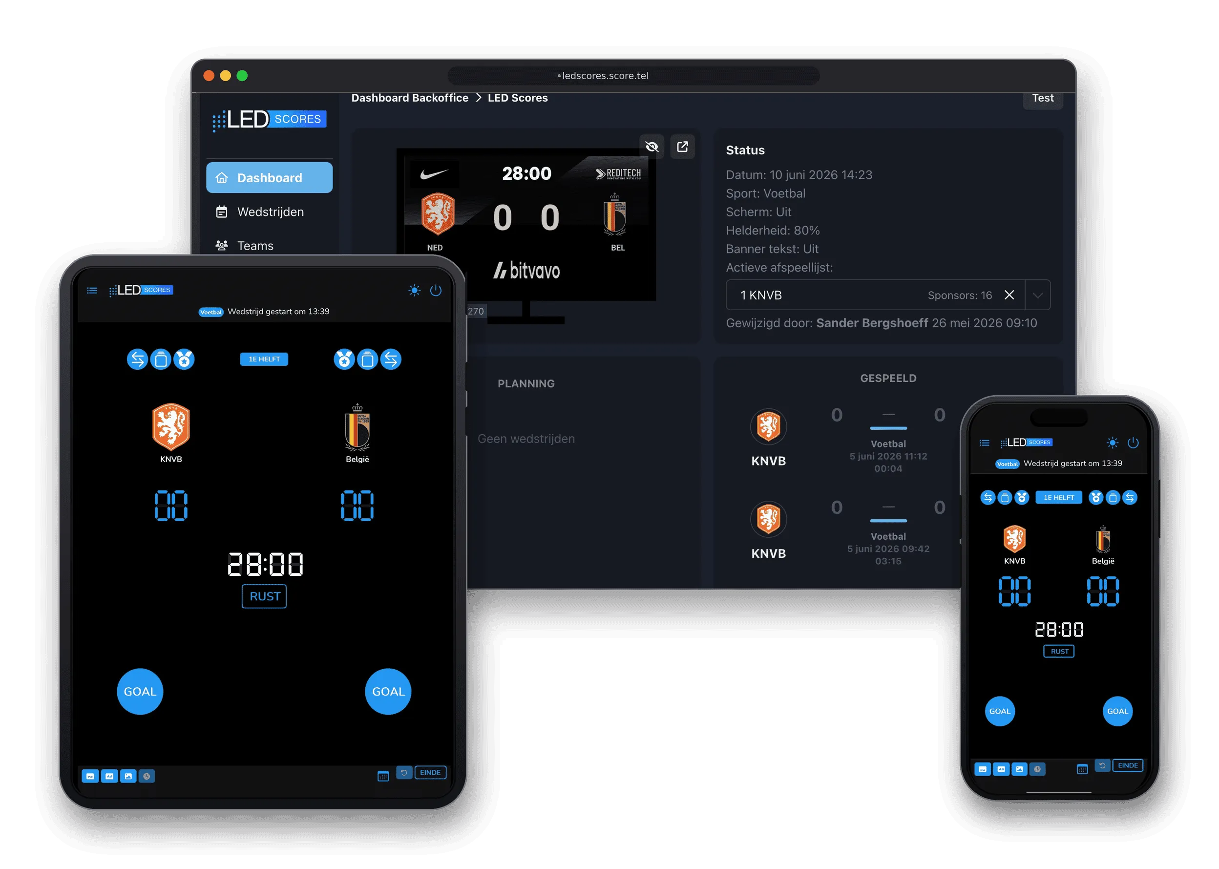 De LED Scores-app op laptop, tablet en telefoon